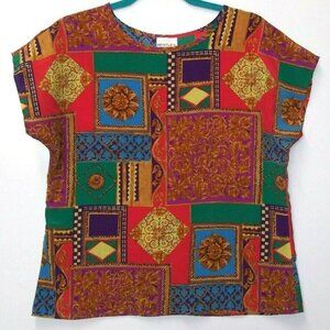 Vtg BENTLEY top blouse Multicolor Baroque Womens Lightweight Polyester Sz M